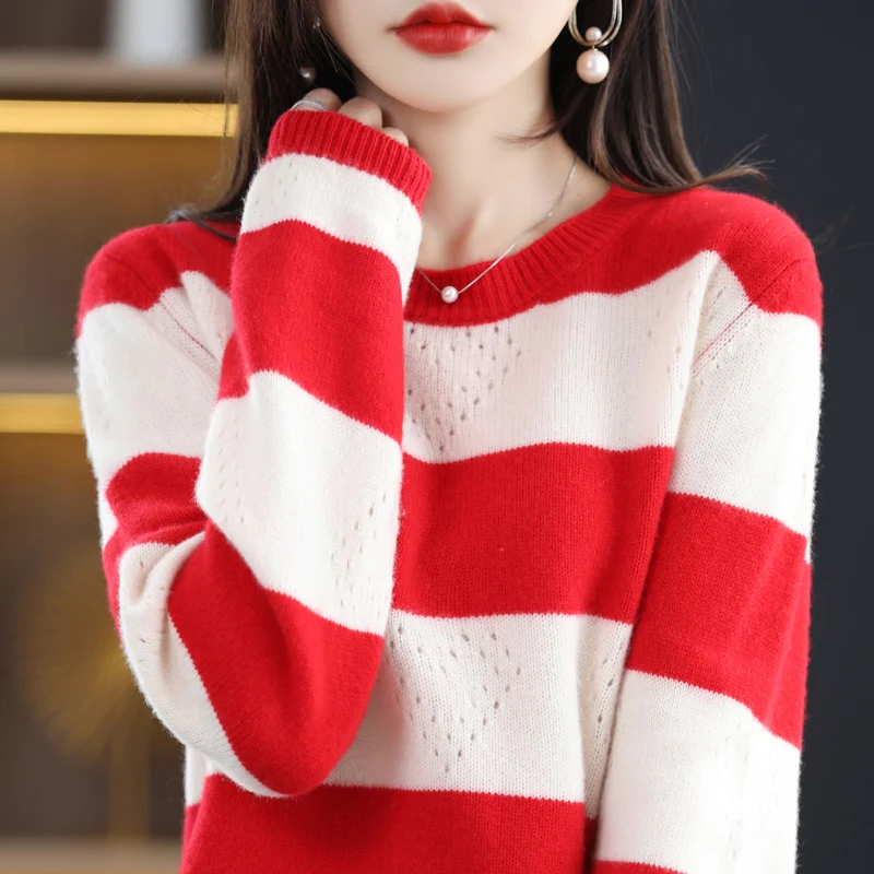 

2023 Autumn/Winter Women's New Pullover Casual 100% Wool Knit Crew Neck Sweater Soft and Breathable Blouse