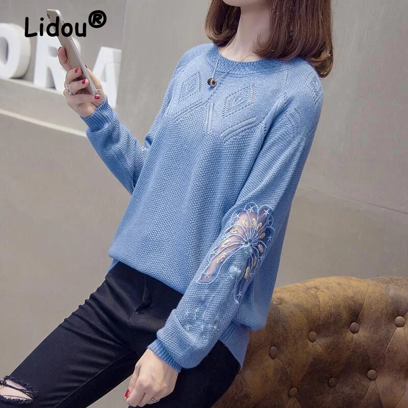 

Spring Autumn Fashion Women Lace Embroidery Hollow Knitted Sweater Casual Solid Loose Long Sleeve Pullovers Top Female Clothing