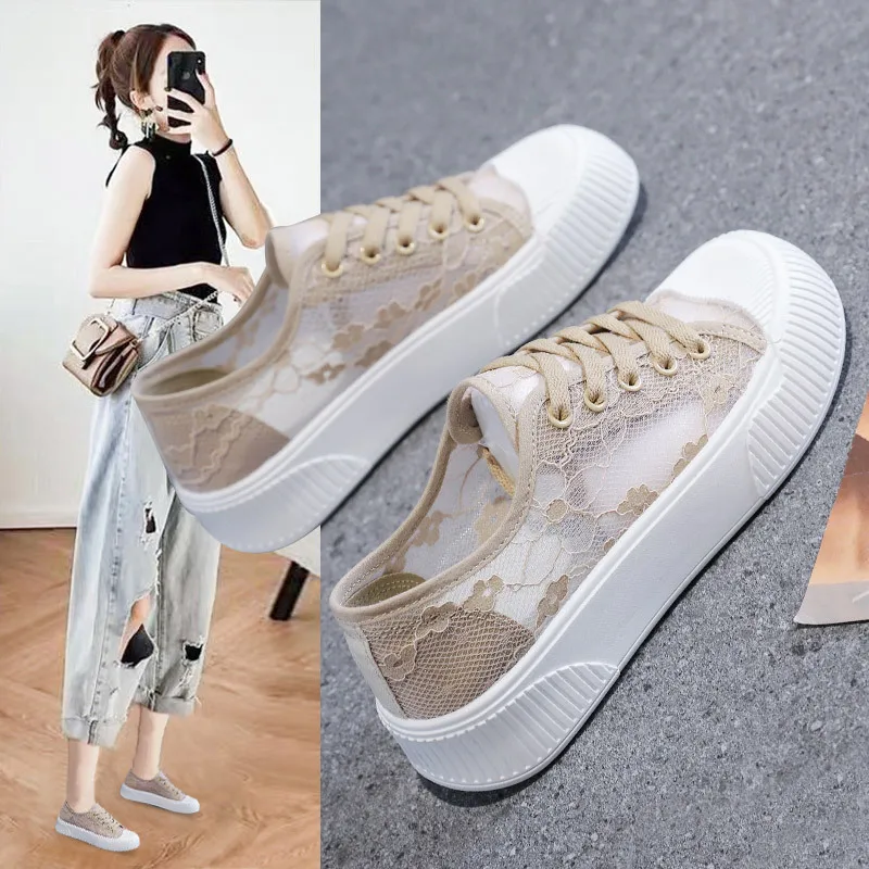 

Women Lace Casual Shoes Woman Breathable Mesh Sneakers Flats Platform Floral Loafers Comfort Shallow Walking Shoes 2023