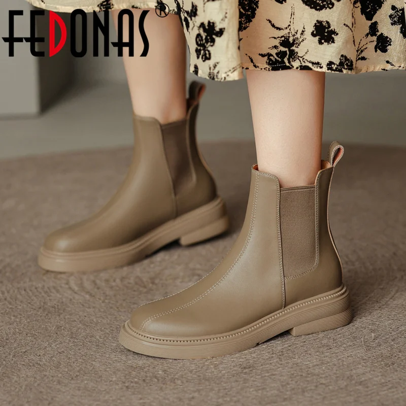 

FEDONAS Concise Women Ankle Boots Classic Round Toe Genuine Leather Thick Heels Casual Office Lady Shoes Woman Autumn Winter New