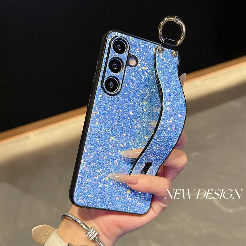 Luxury Glitter Wristband Bracket Case with Hand Strap and Bling Shockproof Cover