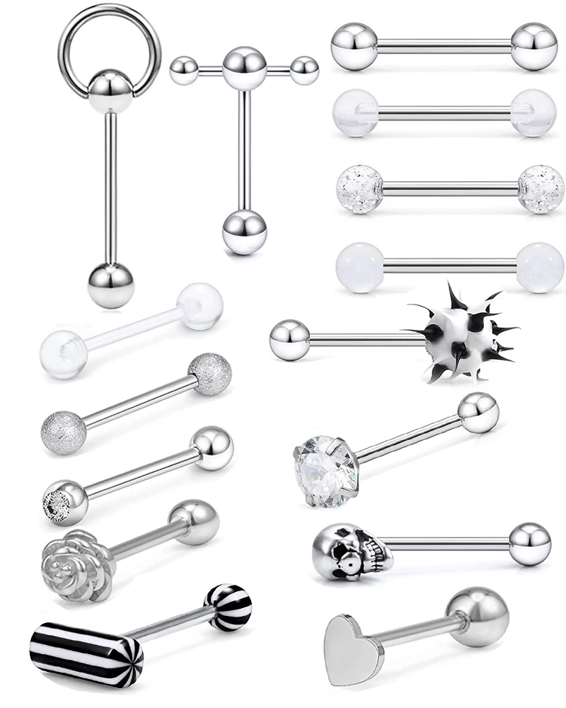 One Set Stainless Steel Heart Tongue Piercing Barbell Set Tongue Rings Hoop Bulk Nipple Barbell Pack Tongue Bar Piercing Lengua