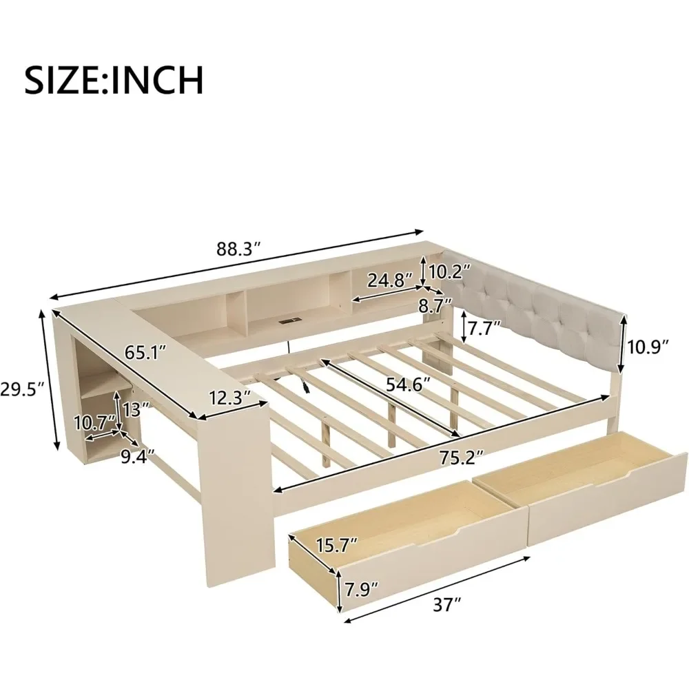 Full Size Wood Daybed with Storage Shelves Built in Desk Under Bed Drawers Charging Station and Upholstered Headboard 2