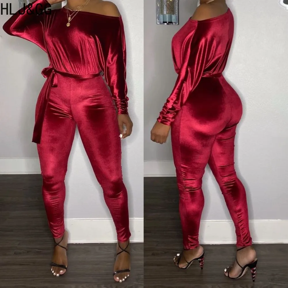 HLJ&GG Fashion One Shoulder Long Sleeve Bodycon Jumpsuits Women Velvet Lace Up Skinny Pants One Piece Playsuits Female Overalls