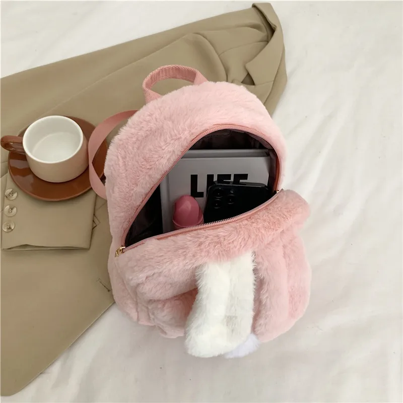 Sac à dos en peluche personnalisé pour femme, oreilles de lapin mignonnes, sac en peluche pour femme, automne et hiver, nouveau