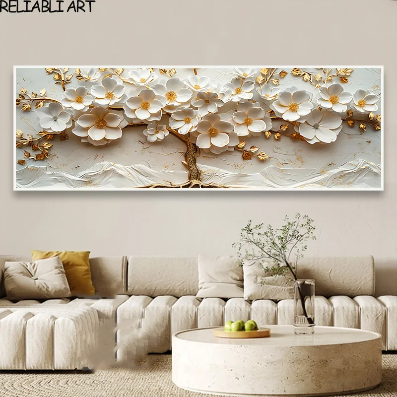 thumbnail image 1 of Póster e impresiones de flores blancas en 3D con árbol dorado de lujo claro, pintura en lienzo, arte de pared para decoración del hogar y sala de estar, sin marco, 1 of 4