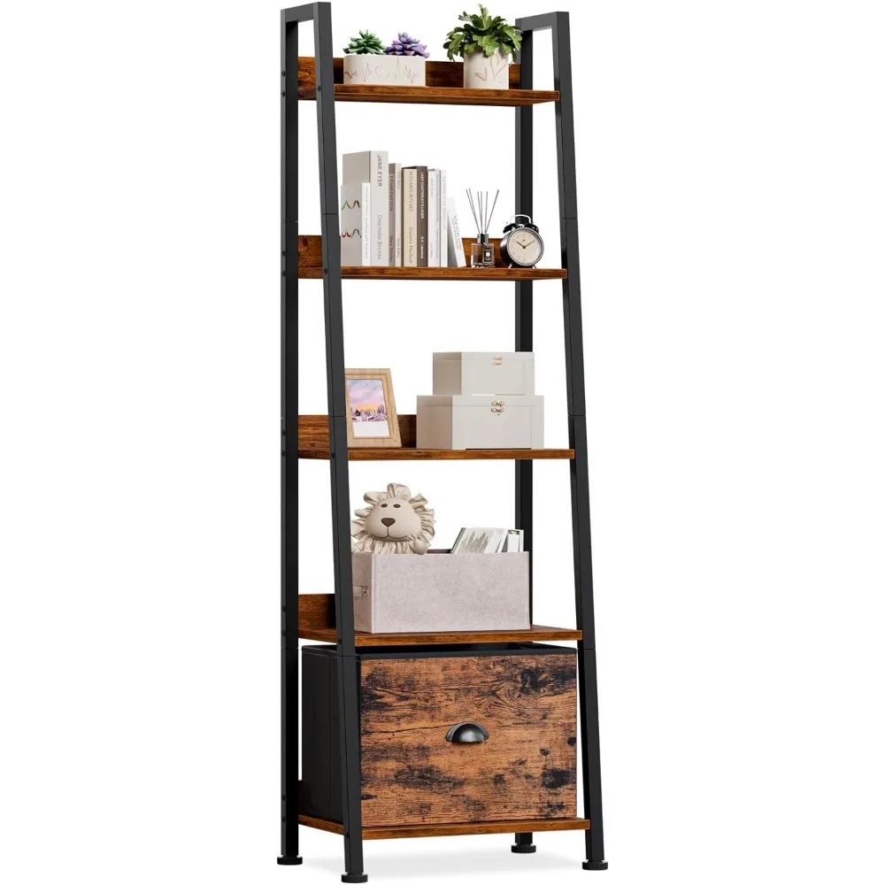 

5-Tier Ladder Shelf, Ladder Bookshelf with Removable Drawer, Rustic Bookcase Storage Rack Organizer,