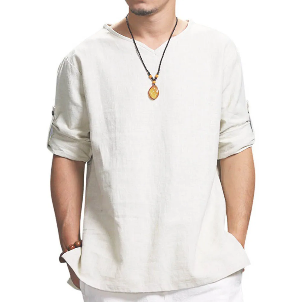 

Cotton Linen Men's Shirts Solid Color Spring Summer Long-Sleeved Casual Breathable Loose Tops Beach Style Male T-shirt M-4XL