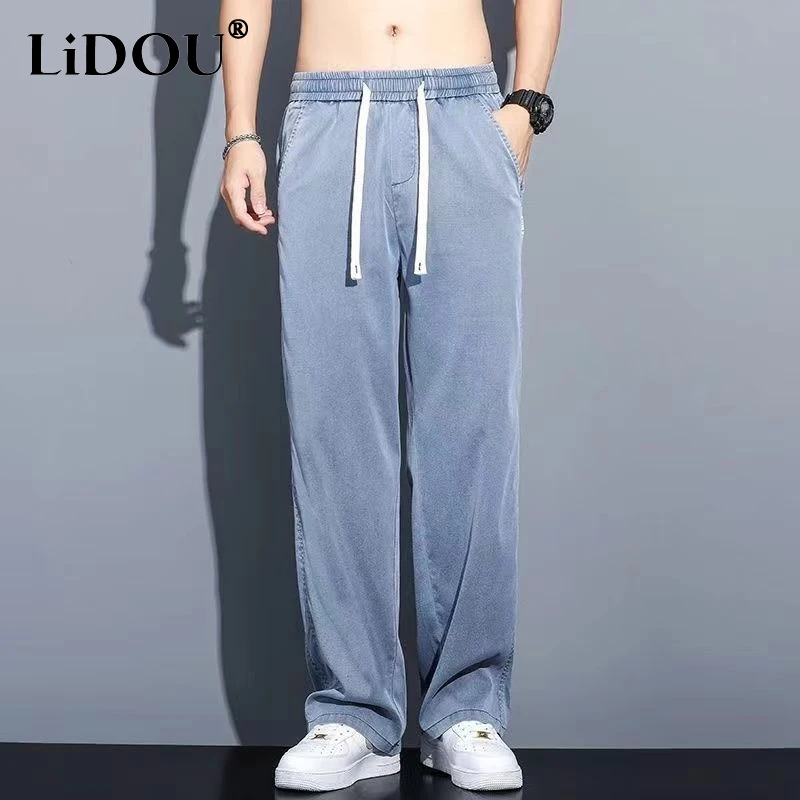 2023 Spring Summer New Solid Color Wide Leg Trousers Man Elastic Waist Pockets Fashion Casual Ice Silk Fabric Cowboy Trousers