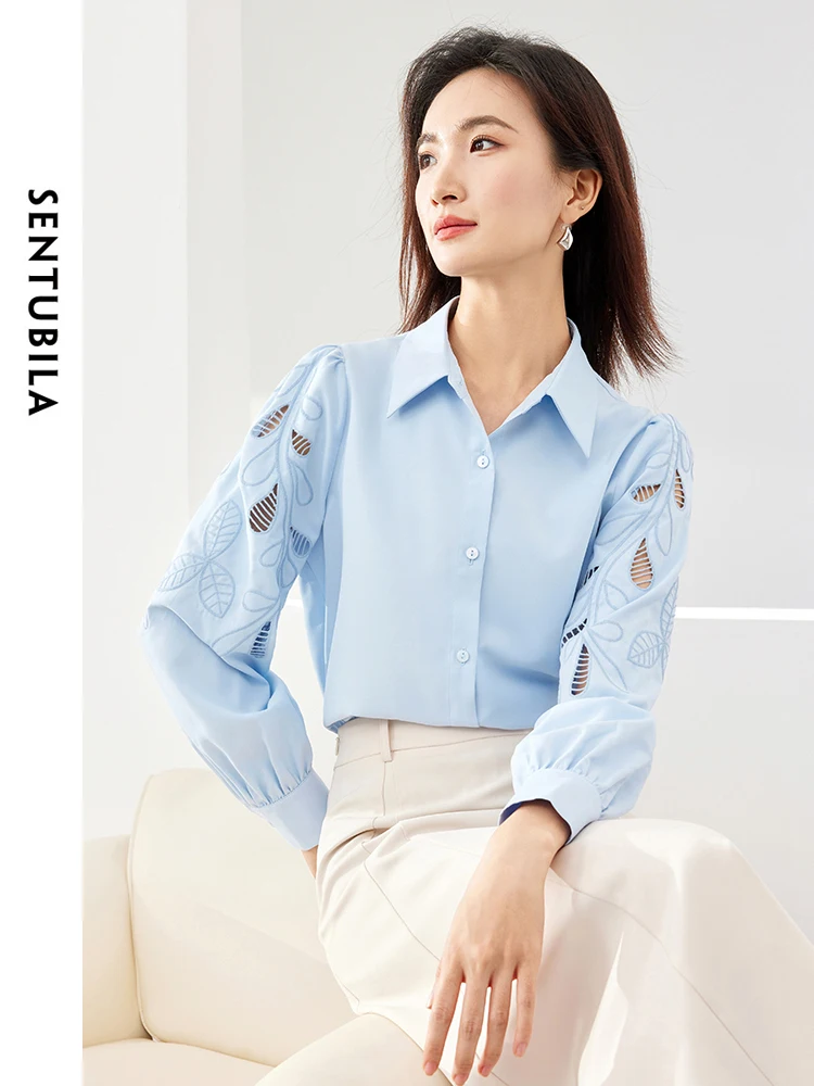 SENTUBILA Hollow Out Embroidery Blue Shirt for Office Ladies 2024 Spring Elegant Lapel Single Breasted Women Blouses M41C50596