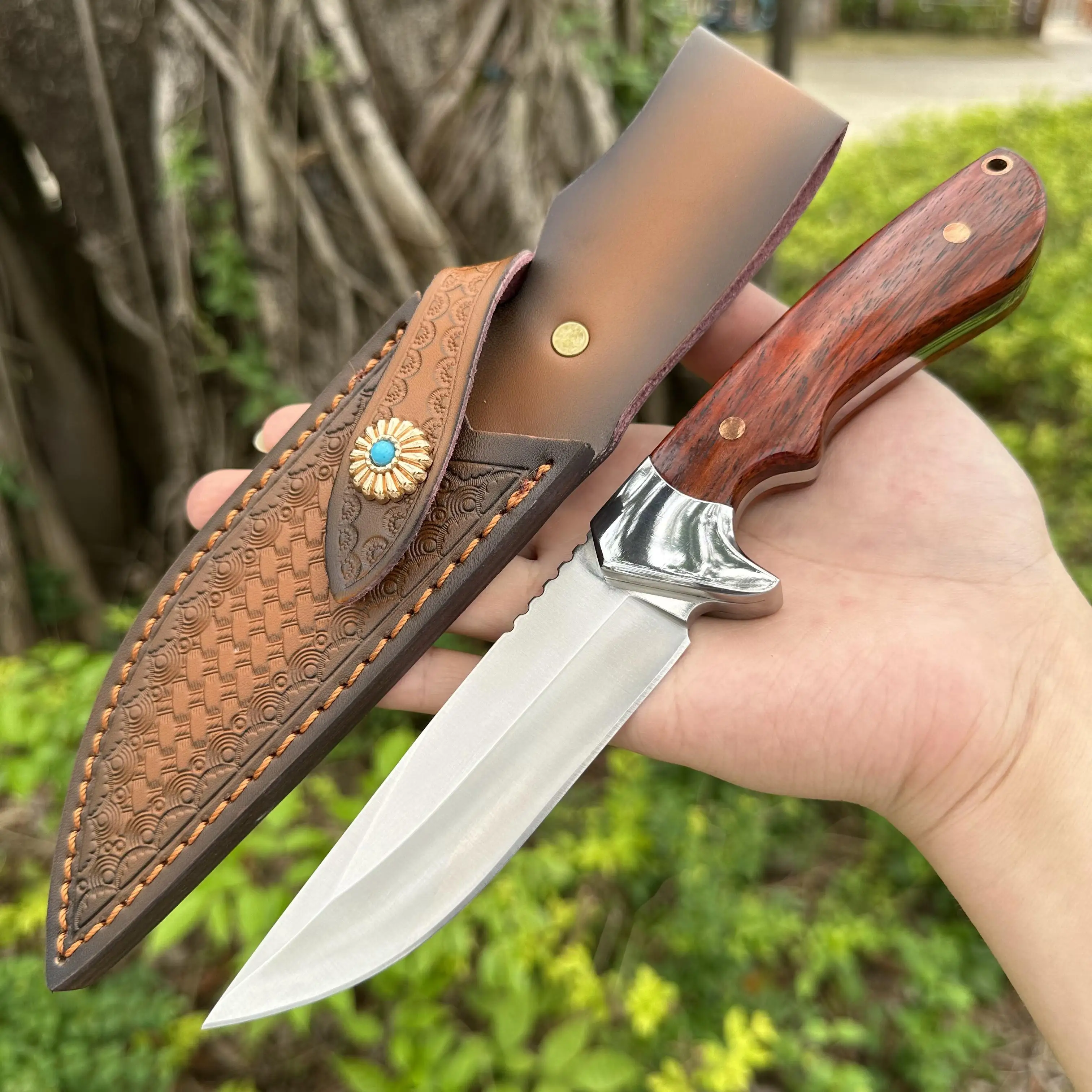 TopwellHandmadeBowieKnifeD2BladeFullTangRosewoodHandleSharpHeavySolidWithLeather
