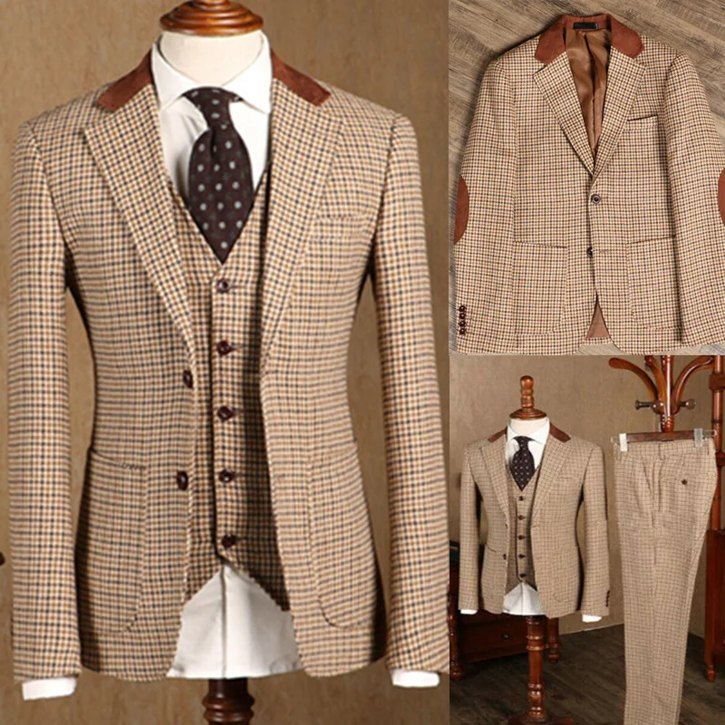 Mens suit classic plaid tweed 3 piece slim fit groom wedding tuxedo blazer formal business jacket vest pants