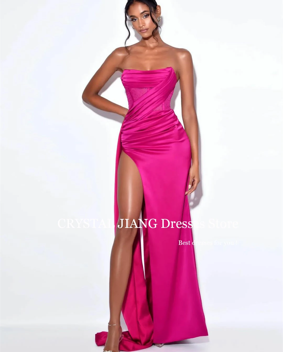 

Classy Strapless Satin Natural Waist Prom Dressفساتين للحفلات الراقصة with Slit Sleeveless Mermaid Sweep Train Robes De Soirée