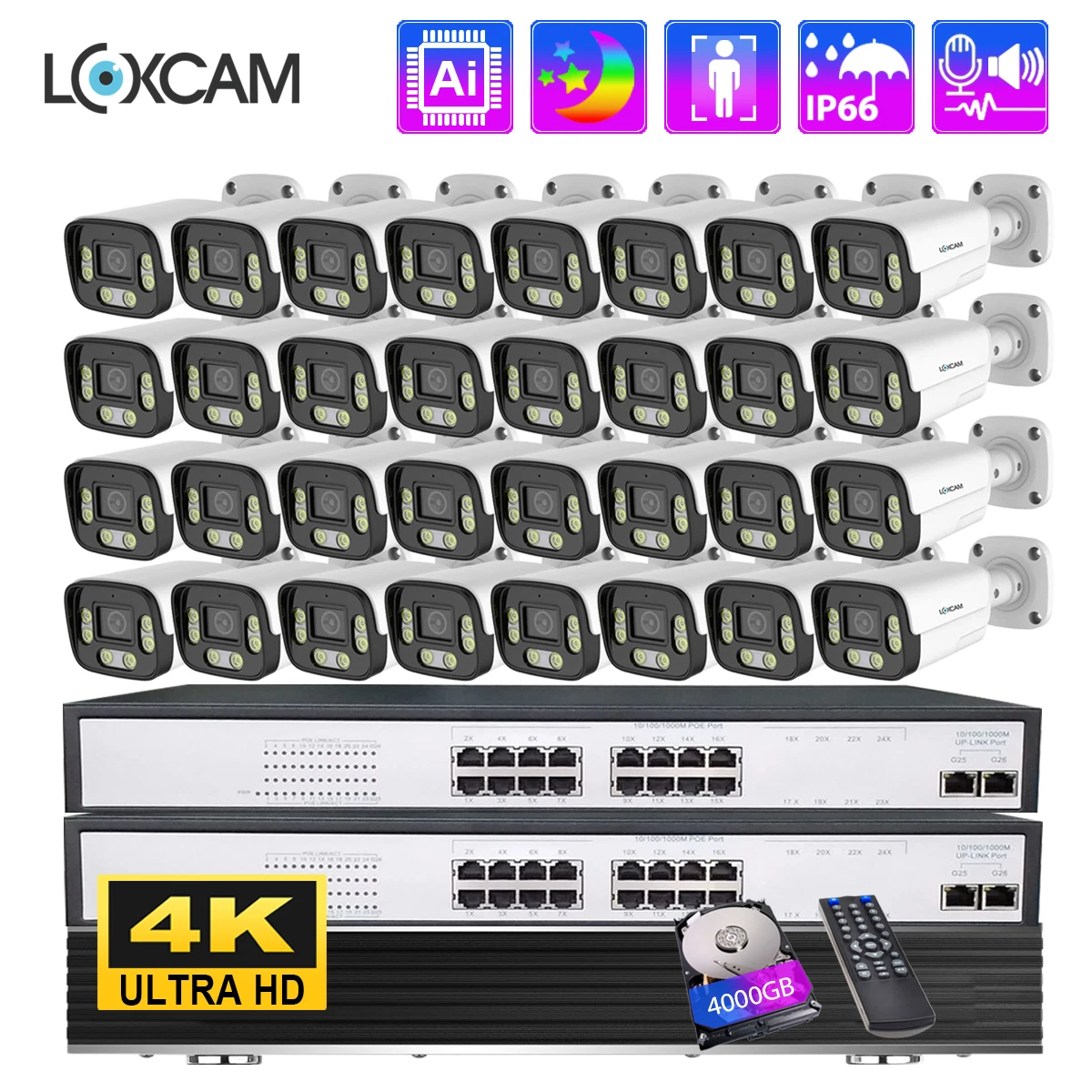 

LOXCAM 4K Security Camera System 32CH POE NVR Kit 8MP Ai Two Way Audio Waterproof Color Night CCTV Video Surveillance Set 4T