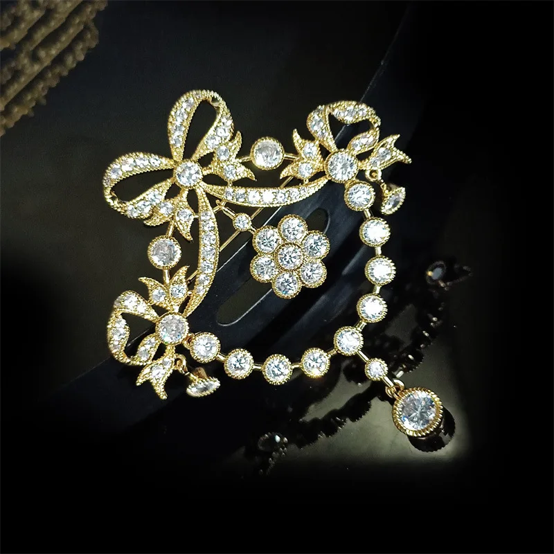 

OKILY Palace Style Exquisite Zirconium Bow Brooches Elegant Crown Tassel Clothing Accessories for Women Coat Suit Brooch Pins