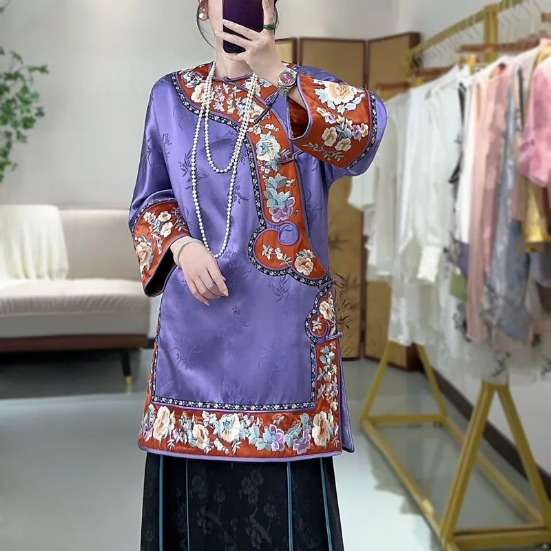 Women Winter Warm Coat Satin Acetate Embroidery Flowers Tang Suit Elegant Lady Loose Coat Female S-XXL