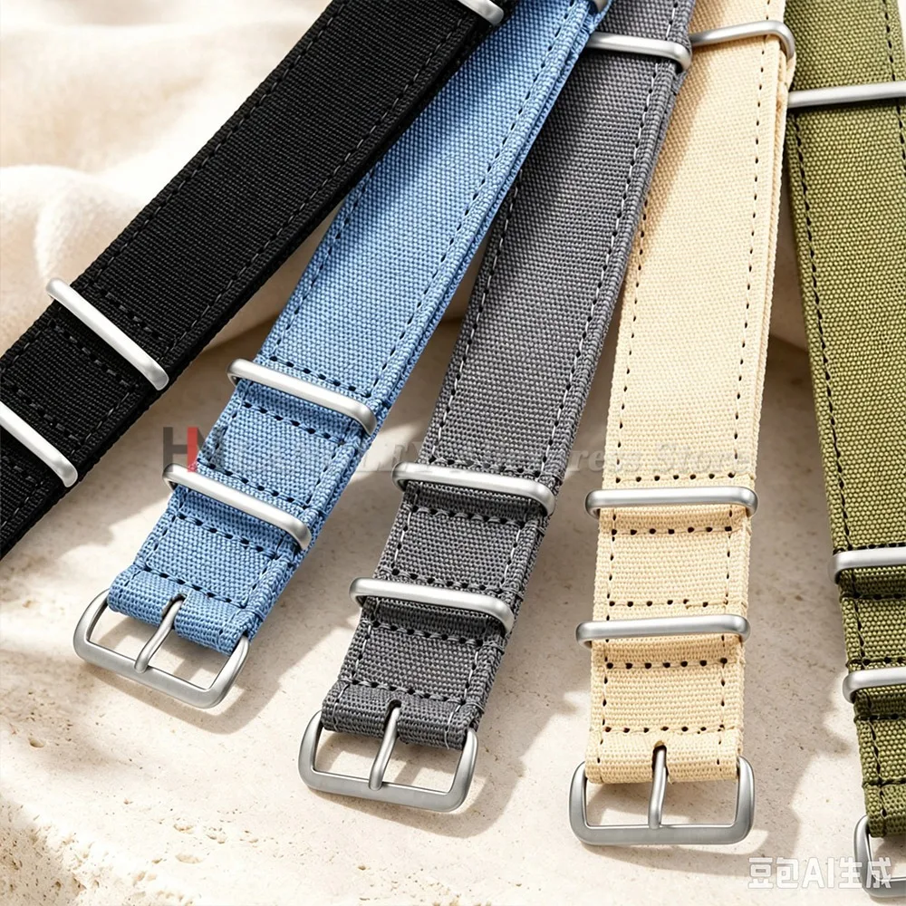 Ribbed Nylon Braid Fabric Watch Strap - Military Style Men's Band, 20mm & 22mm Sizes