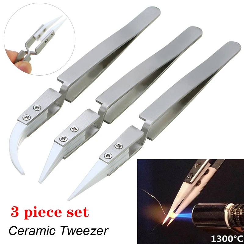 Precision Tweezers Soldering Tweezers Ceramic Tweezers 3PCS Straight Aimed Ceramic Tweezers Electronics Soldering Stainless Steel Handle