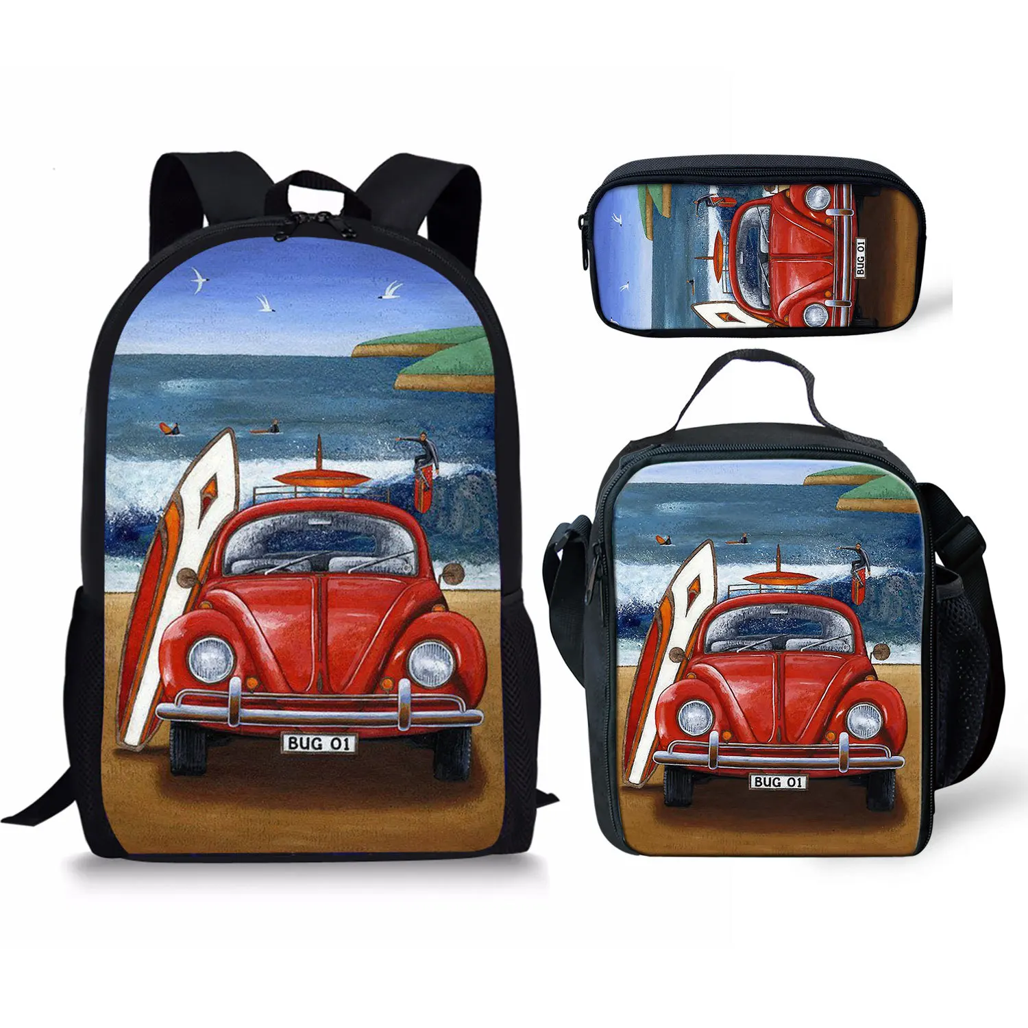 

Creative Cartoon Trendy Car 3Pcs/Set School Bag 3D Print Student Campus Daily Book Bag Laptop Daypack Lunch Bag Pencil Bag