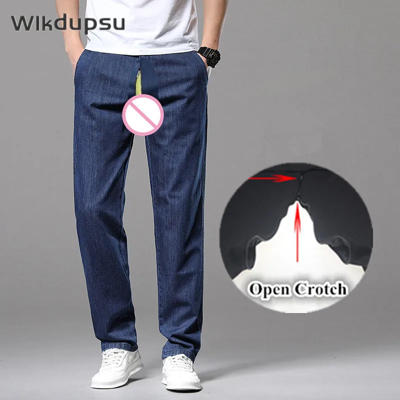 

Spring Summer Classic 100% Cotton Men's Jeans Straight Denim Pants Blue Invisible Double Zipper Open Crotch Trousers Large Size