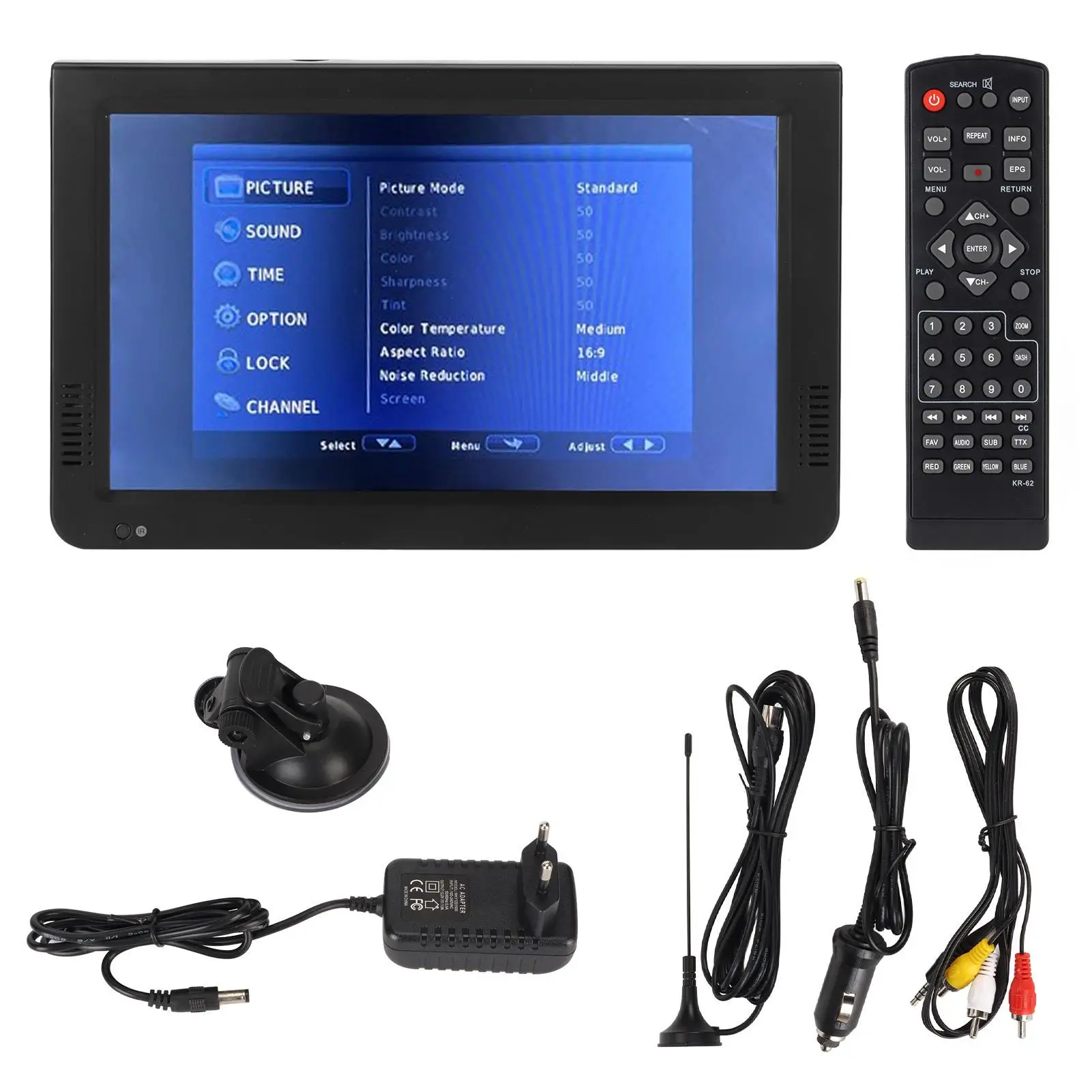 10 Inch HD Portable TV 1080P TFT LED Video Player for home & Car, Rechargeable with EU Plug 100-240V