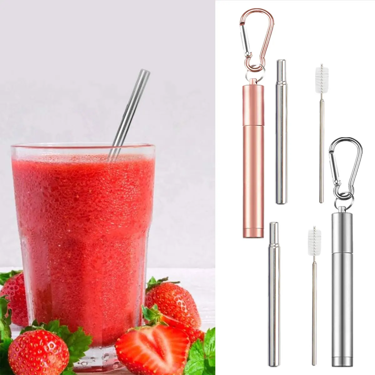 

New Reusable Multi Color 304 Stainless Steel Telescopic Drinking Straw Camping Portable Travel Straw with Buckle Brush Set