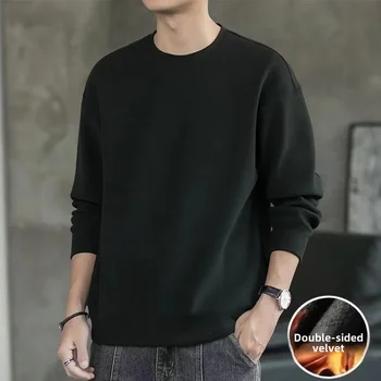 Double-sided Fleece Long Sleeve T-shirt For Men Autumn Winter New Style Round Neck Loose-fit Top Inner Warm Base Layer 2