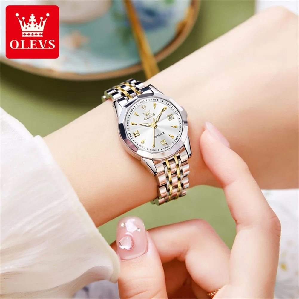 OLEVS 9998 Watch Woman Simple Calendar Quartz Watch For Women Rhombus Mirror Steel Strap Waterproof Business Ladies Wristwatch