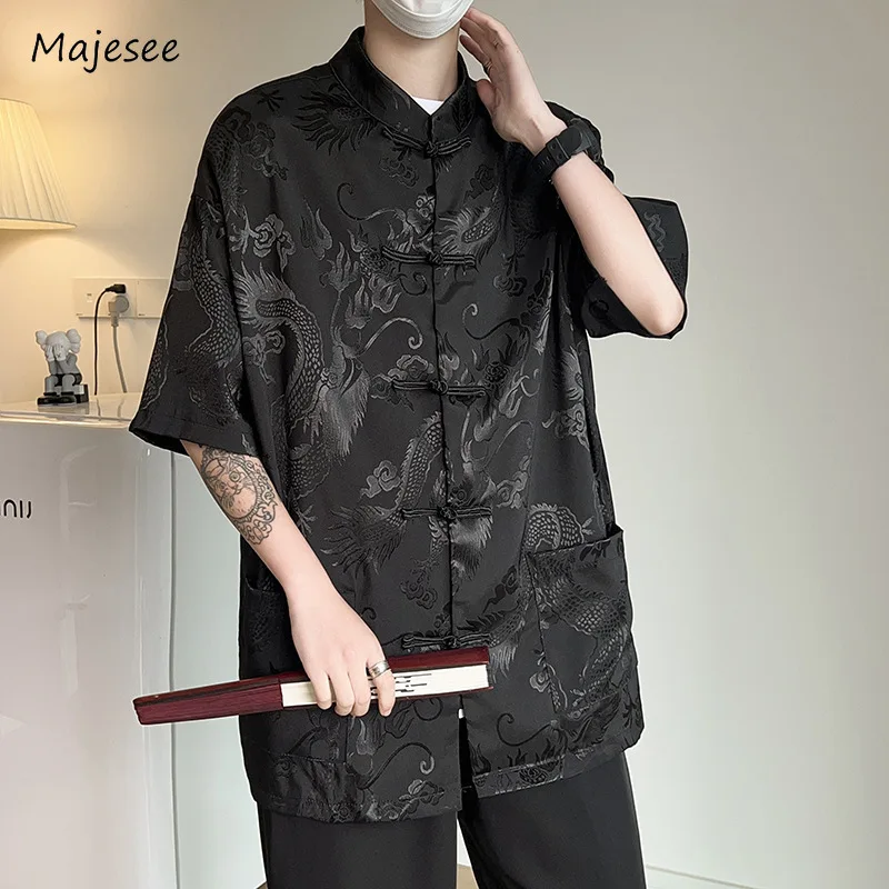 

Print Shirts Men New Chinese Style Advanced Half Sleeve Pockets Aesthetic Streetwear Slouchy Classic Minority Minimalist Summer