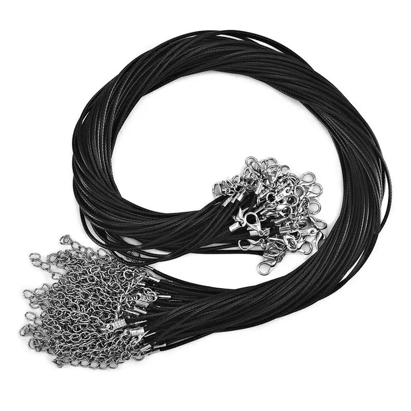 100 Pcs 24 1.5mm Black Waxed Necklace Cord String Bracelet Faux Leather  Chain Clasp Bulk for Jewelry Making Supplies Accessories