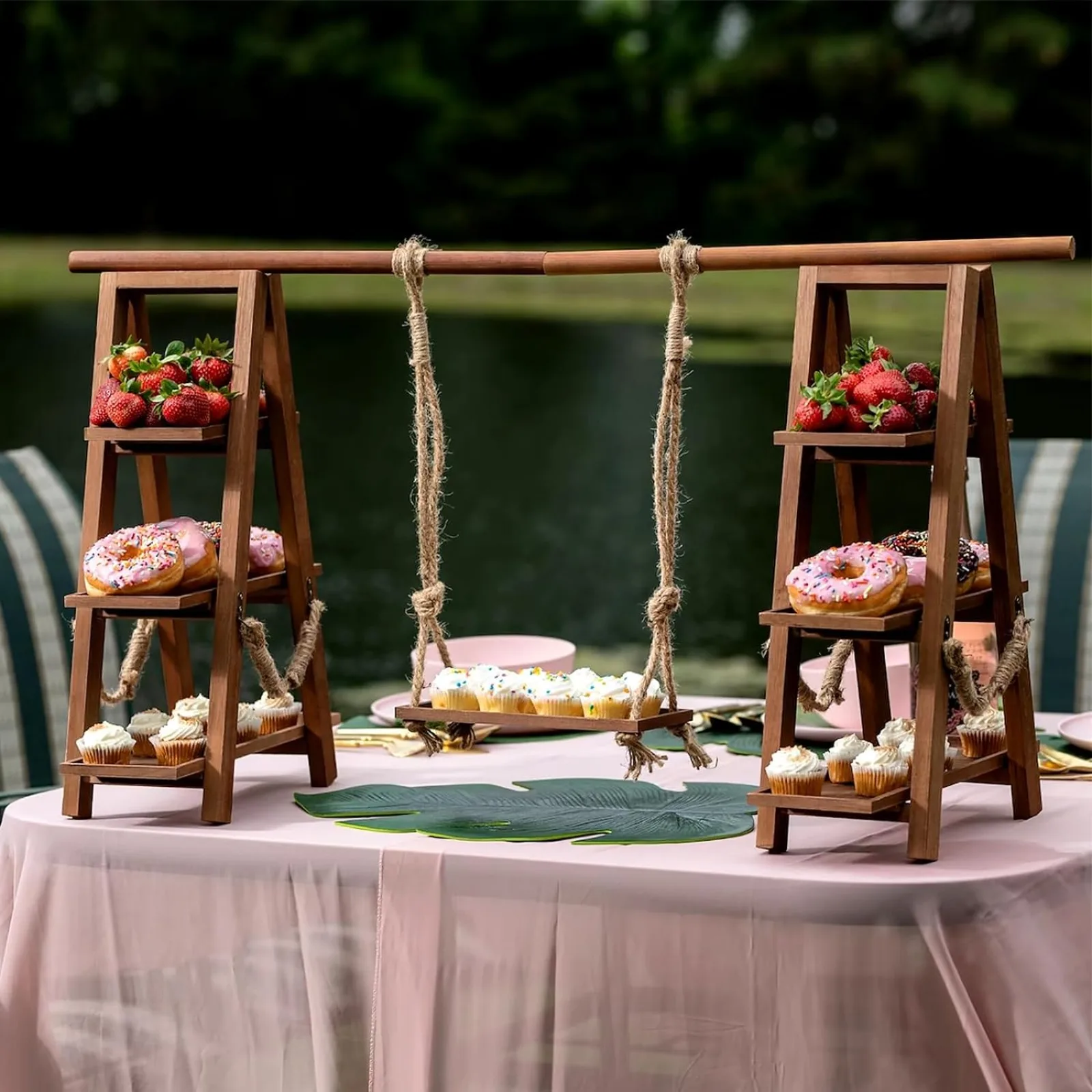 US 3 Tier Cupcake Stand - Wooden Display Stand for Desserts, Fruits, Nuts, Cheese - Removable Trays and Foldable Stand