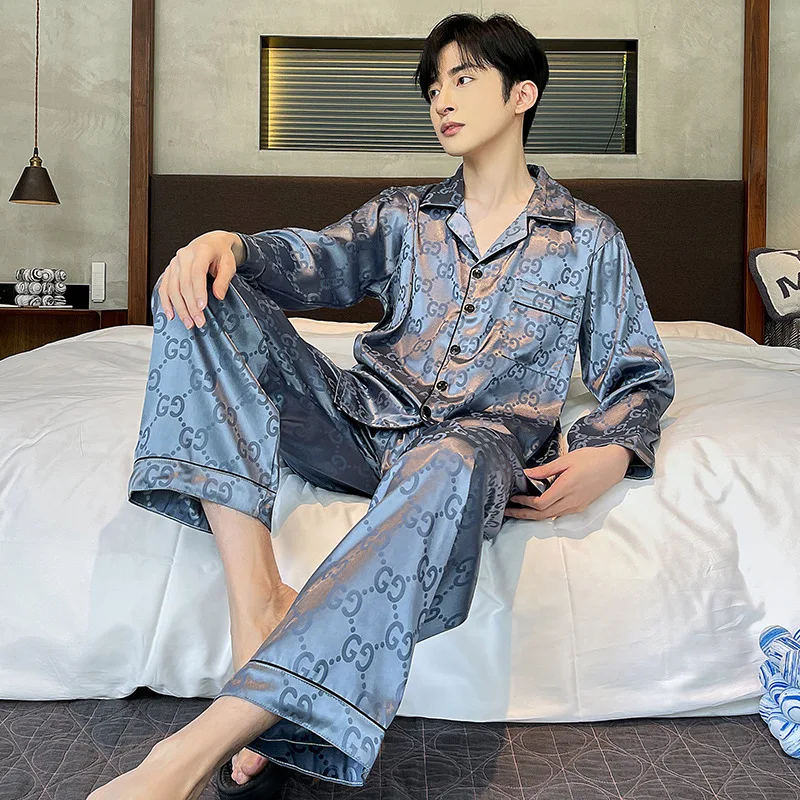 Spring Autumn Men's Thin Ice Silk Pajamas Long Sleeve Cardigan Pants Two Piece Set Jacquard Imitation Silk Home Clothing