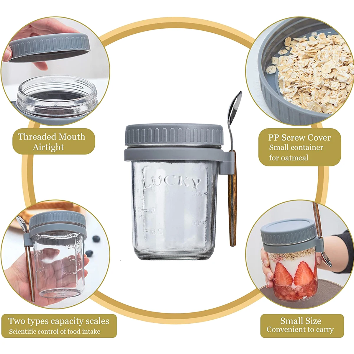 1/2Pcs Breakfast Cup Container 10oz Airtight Oatmeal Jar with Cover and Spoon Portable for Salads Cereal airtight oatmeal jar