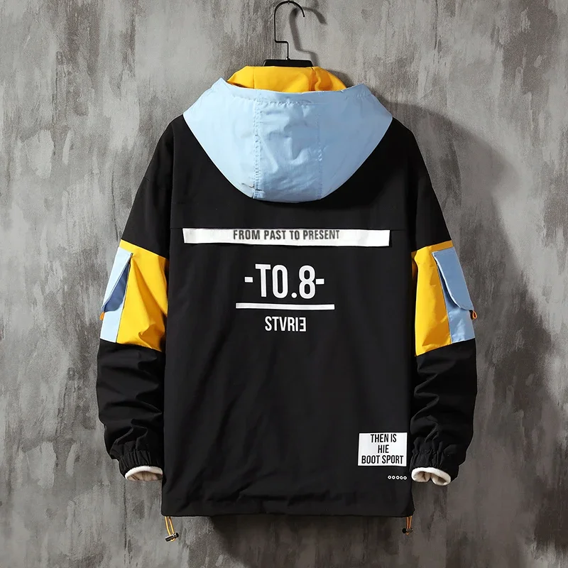 남성 자켓 까마귀 패션 streetwear 색상 대비 패치 워크 후드 자켓 방수 윈드 브레이커 지퍼 업 코트 남성 아웃웨어