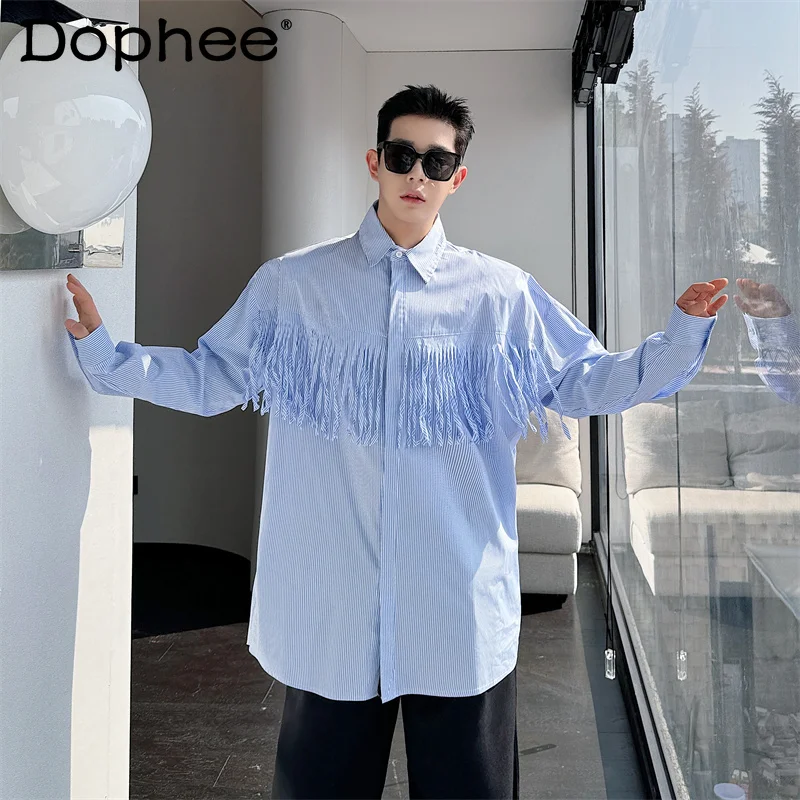 Fashion Trendy Male Blue Striped Long-Sleeve Solid Color Shirts Men's Tassel Design Loose Comfort Casual Top Men's Clothes