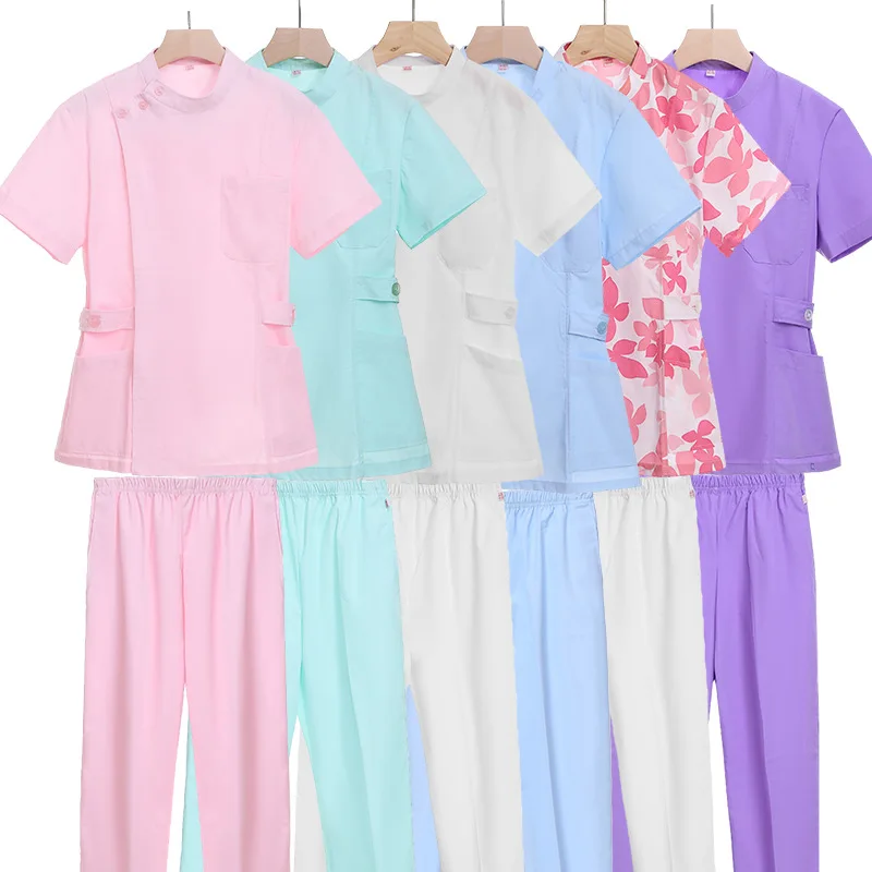 Nurse Scrubs Top Nurse Uniform Suits Nurse Uniform Dress Flower Short Scrubs Set Nurse Doctor Medical Uniform Women Outwear Nursing Two-piece Suit Beauty Salon Hospital Gown