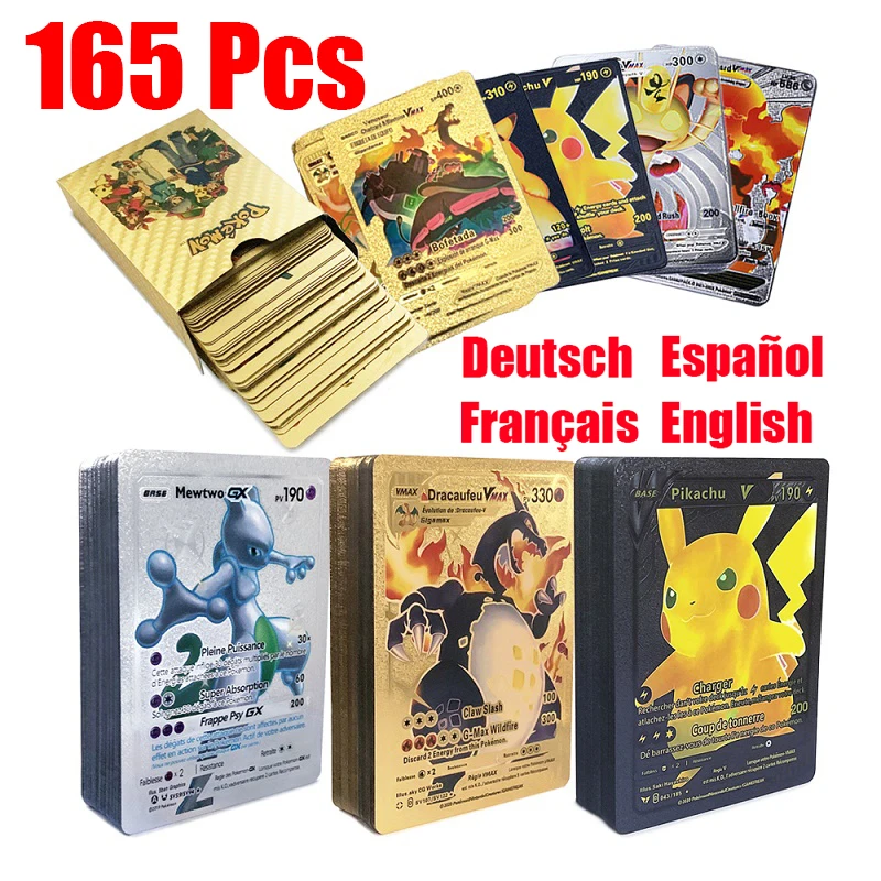 

165Pcs Pokemon Gold Foil Card VSTAR VMAX EX GX Cards English French German Spanish Charizard Pikachu Arceus Silver Pokémon Cards