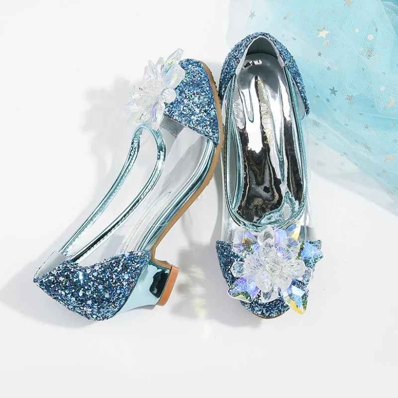 Pink Blue Princess Dance Shoes for Girls Low Heels for Kids Birthday Party Glitter Crystal Diamond Shoe Child Gown Leather Shoes 3