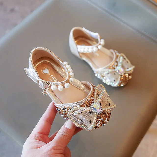 Summer Girls Sandals Fashion Sequins Rhinestone Bow Girls Princess Shoes Baby Girl Shoes Flat Heel Sandals Size 21-35 SHS104 SHS127 Gold