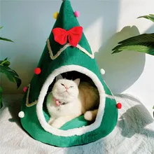 

Warm Pet Bed Christmas Hat Shape Cat Kennel House Pet Tent Cat Nest Portable Teepee With Thick Cushion For Puppy Outdoor Indoor