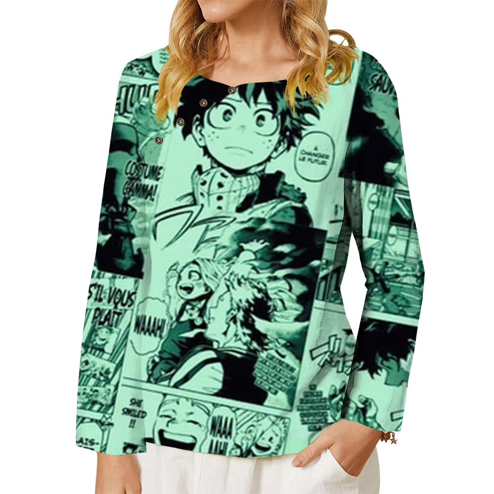 

CLOOCL Women T-shirt Cartoon My Hero Academia Graphics 3D Printed Tee Button Decorate Long Sleeve Tops Oversized Anime Shirt