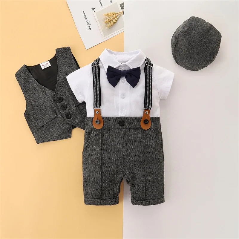

Newborn Boy Formal Clothes Set Infant Boy Gentleman Birthday Romper Outfit With Hat Vest Long Sleeve Infant Jumpsuit Suit Formal