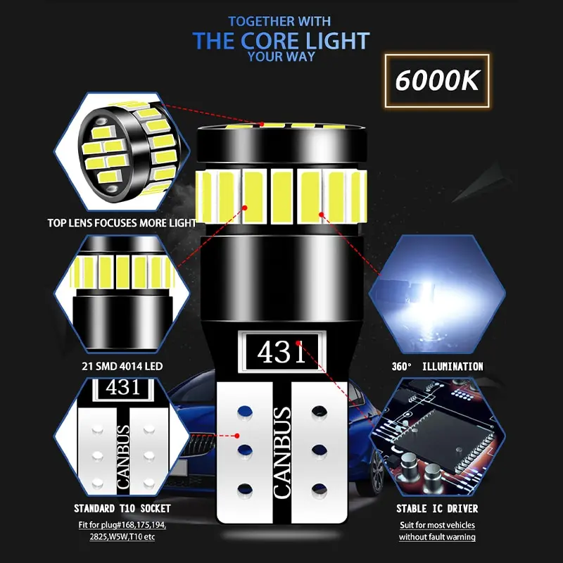 2x W5W T10 21SMD Led Bulbs Canbus Car Interior Light Bulbs Parking Position Lamp Map Dome Reading Lights - 2