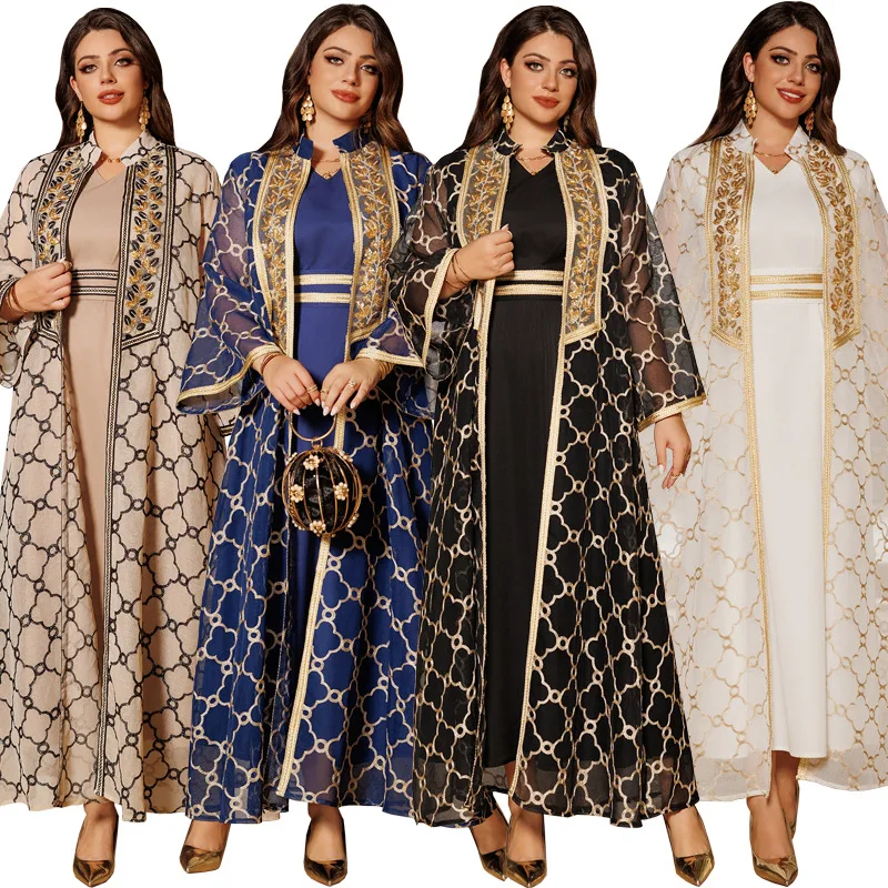 Robes musulmanes en deux pièces pour femmes, kaftan marocain brodé, jalabiya, abayas ouvertes pour le Ramadan, Dubaï, vestidos islamiques, cardigan, robe 12