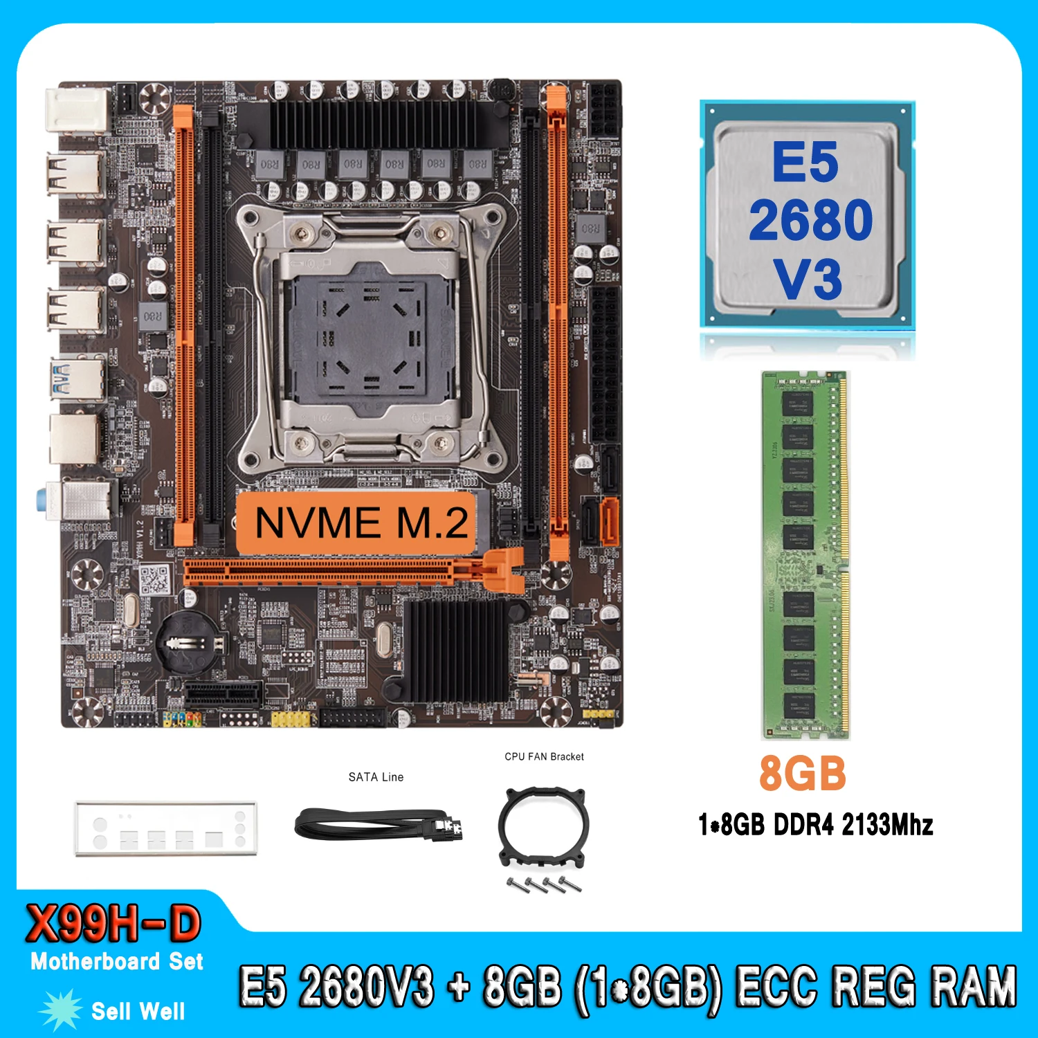 

X99 Motherboard Set Kit With LGA2011-3 Xeon E5 2680 V3 CPU DDR4 8GB (1*8GB) 2133MHZ RAM Memory NVME M.2 SATA E5 2680V3 Set