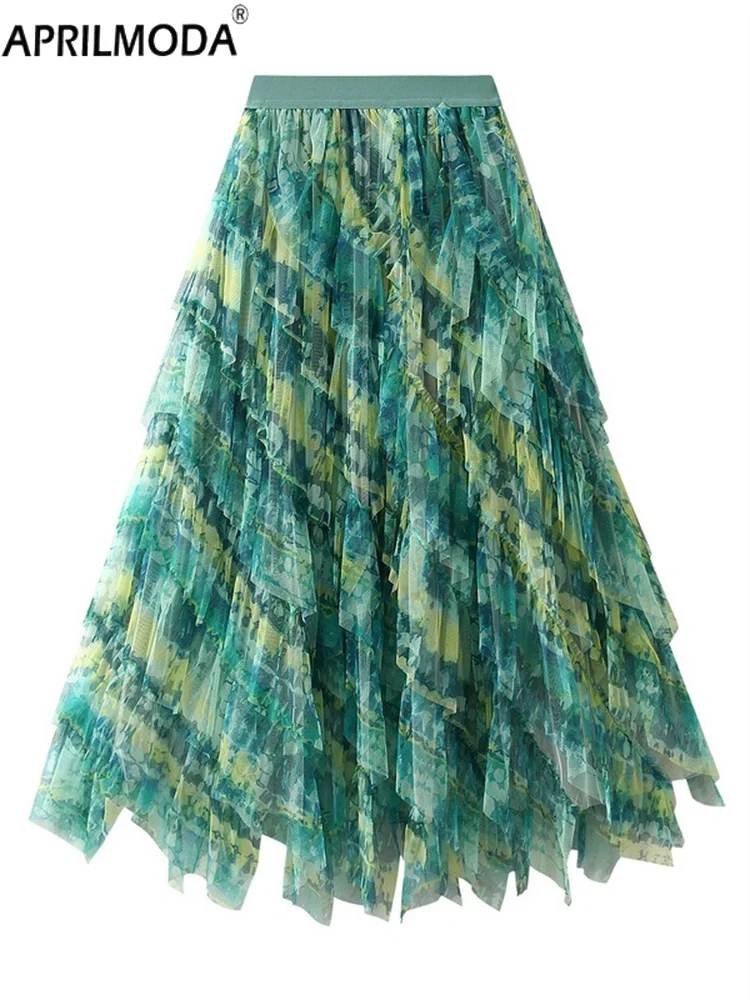 2024 Gradient Mesh Irregular Midi Long Casual Skirt High Elastic Ruffle Patchwork Rainbow Party Summer Holiday Bride Tutu Skirts 5