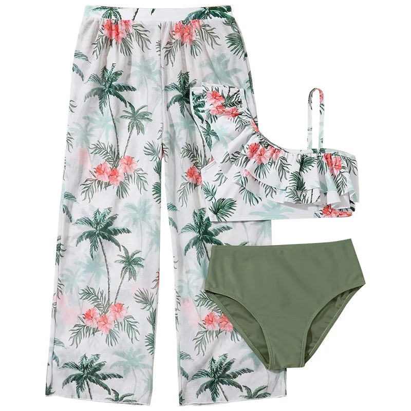 Girls 3 Pieces Palm Tree Print Bikini Sets with Pants High Waist Kids Swimsuit 7-12 Years Children Swimwear Ruffle Bathing Suit
