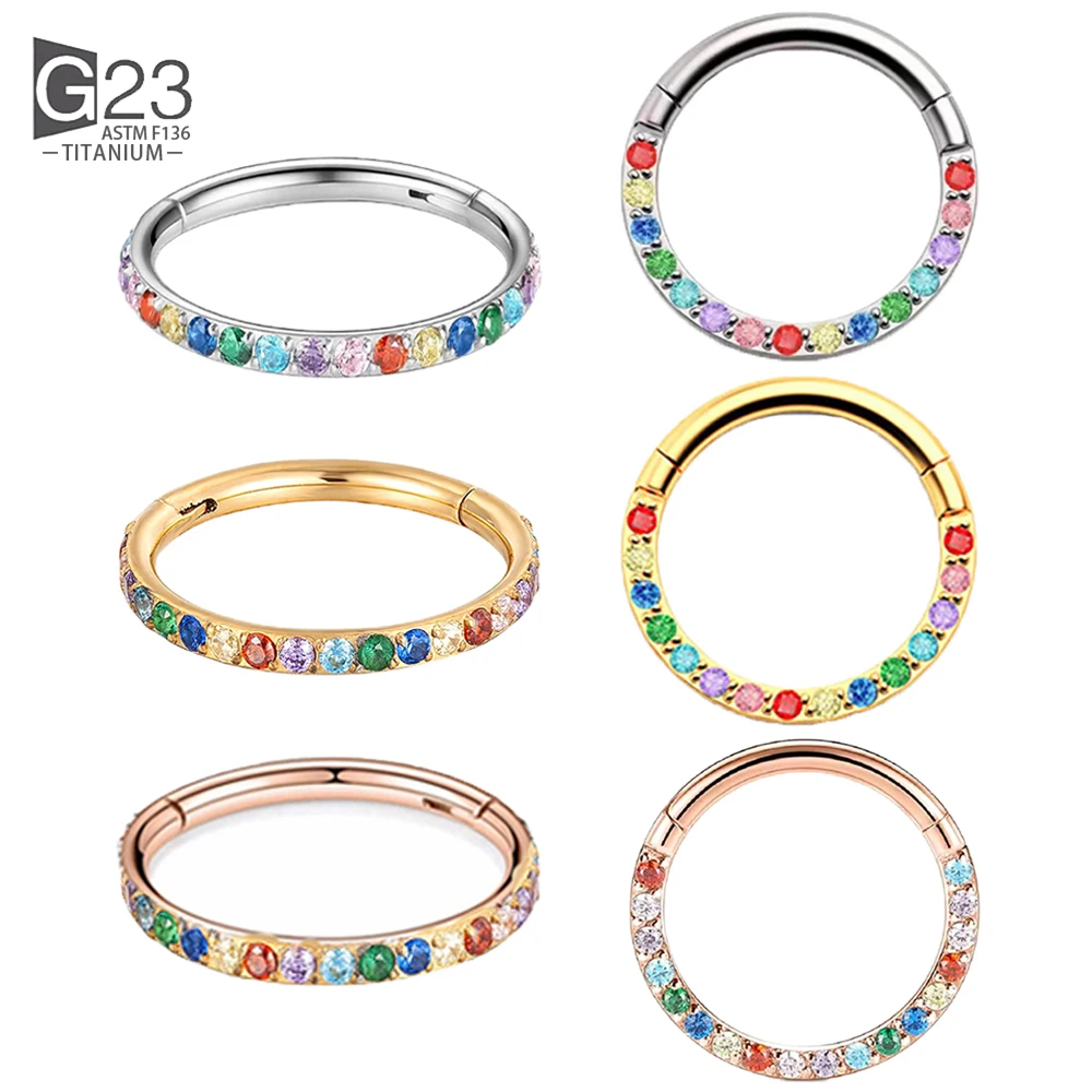 

100% G23 Titanium Nose Ring For Women Small Nasal Septum Cartilage Hoop Earring Piercing 16 Grams Front Lnlaid Rainbow CZ Hinge