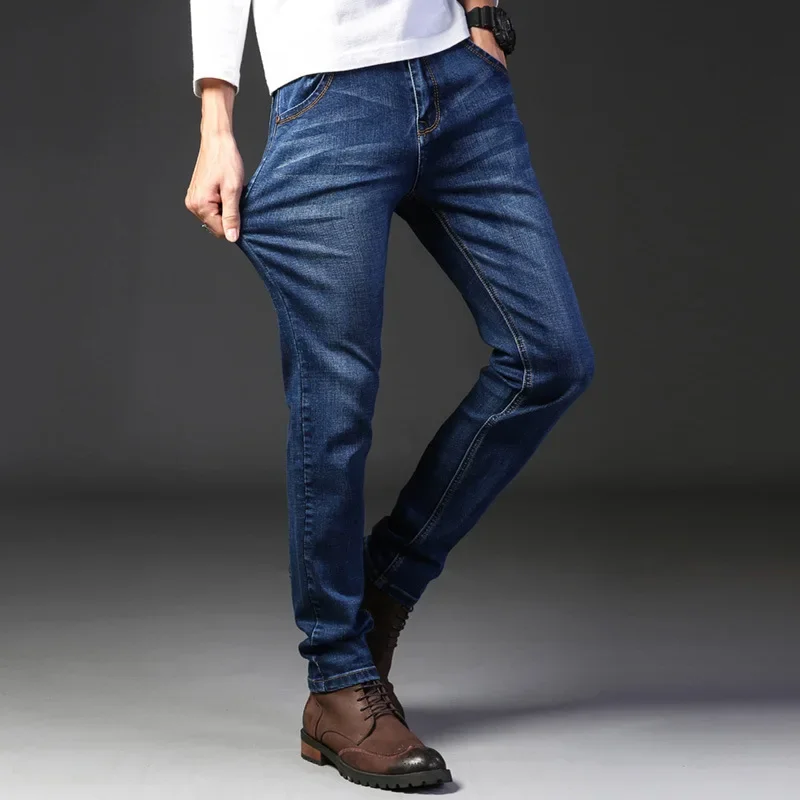 2024 Summer Thin Men's Elastic Cotton Jeans Fashion Gray Comfortable Business Straight Casual Pants High Quality Brand Trousers 3