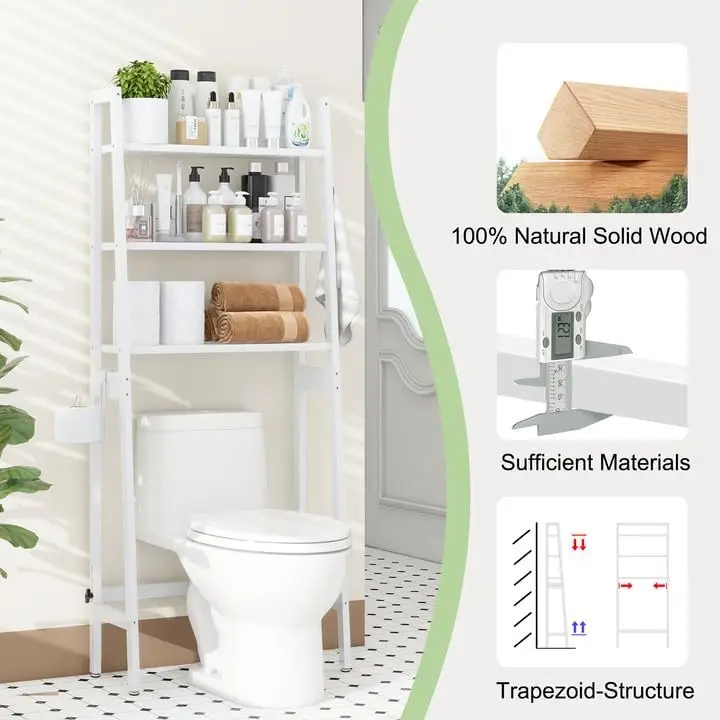 Over-The-Toilet Storage, 3-Tier Wooden Rack. Space Saver Organizer, Freestanding. With Toilet Paper Holder & Hooks. White.